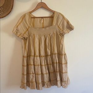 Free People Cream and Mustard Striped Puff Sleeve Babydoll Dress/Tunic
